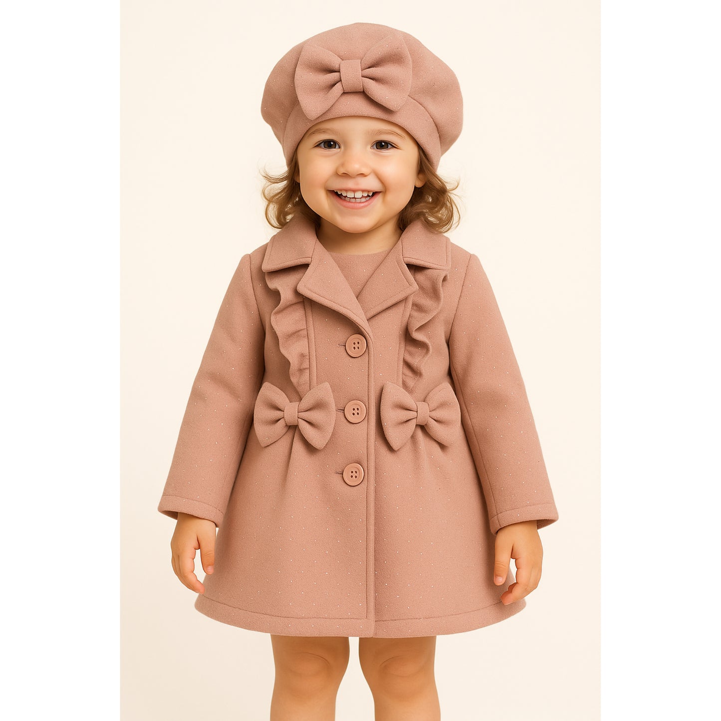 Meisjes mantel met strik – elegant zwart of crème met bijpassende baret