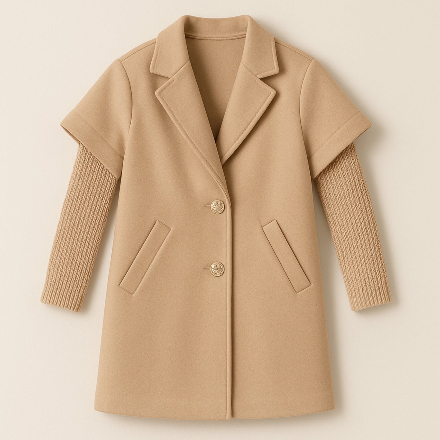 Meisjes jas beige – korte mouwen met gouden knopen en zakken