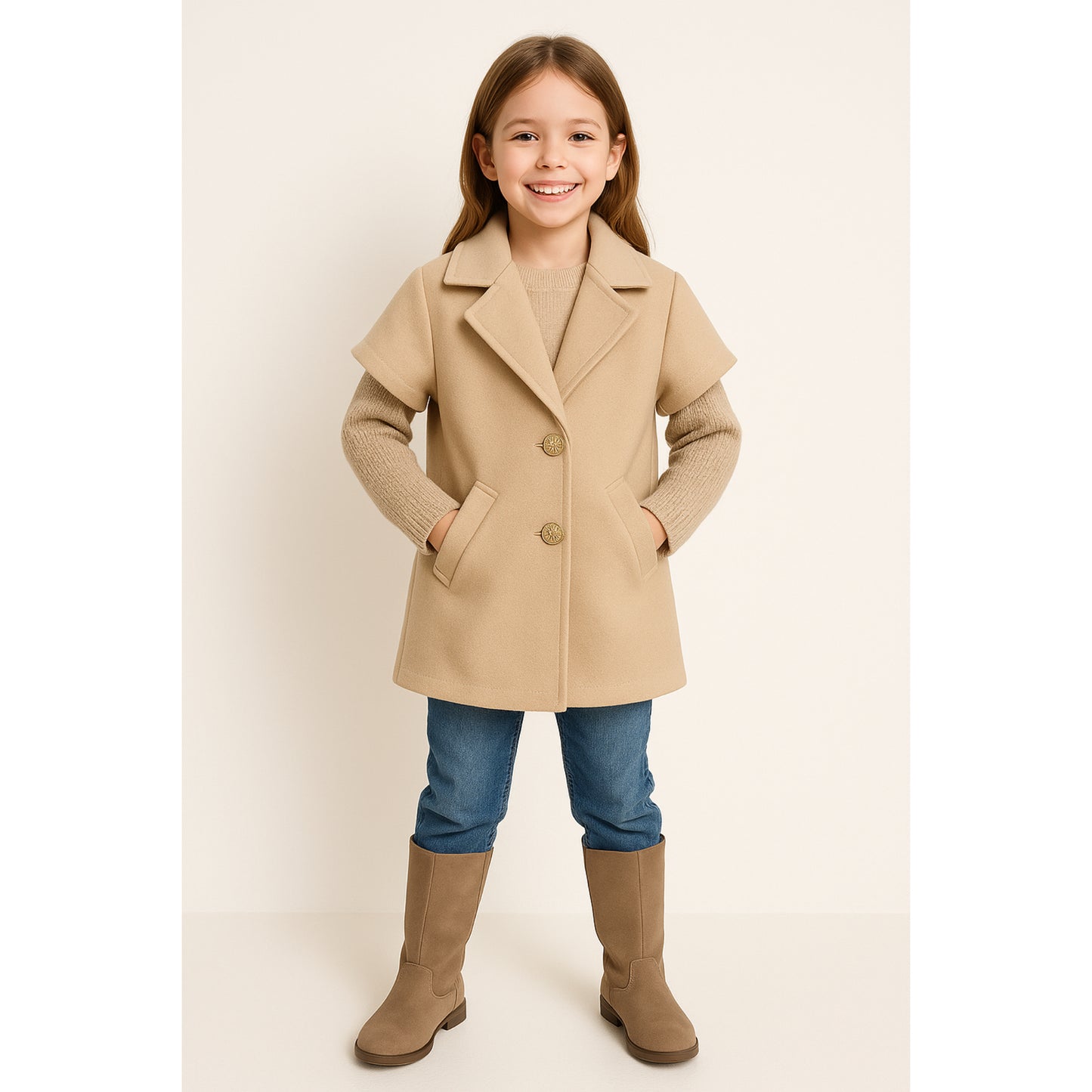 Meisjes jas beige – korte mouwen met gouden knopen en zakken