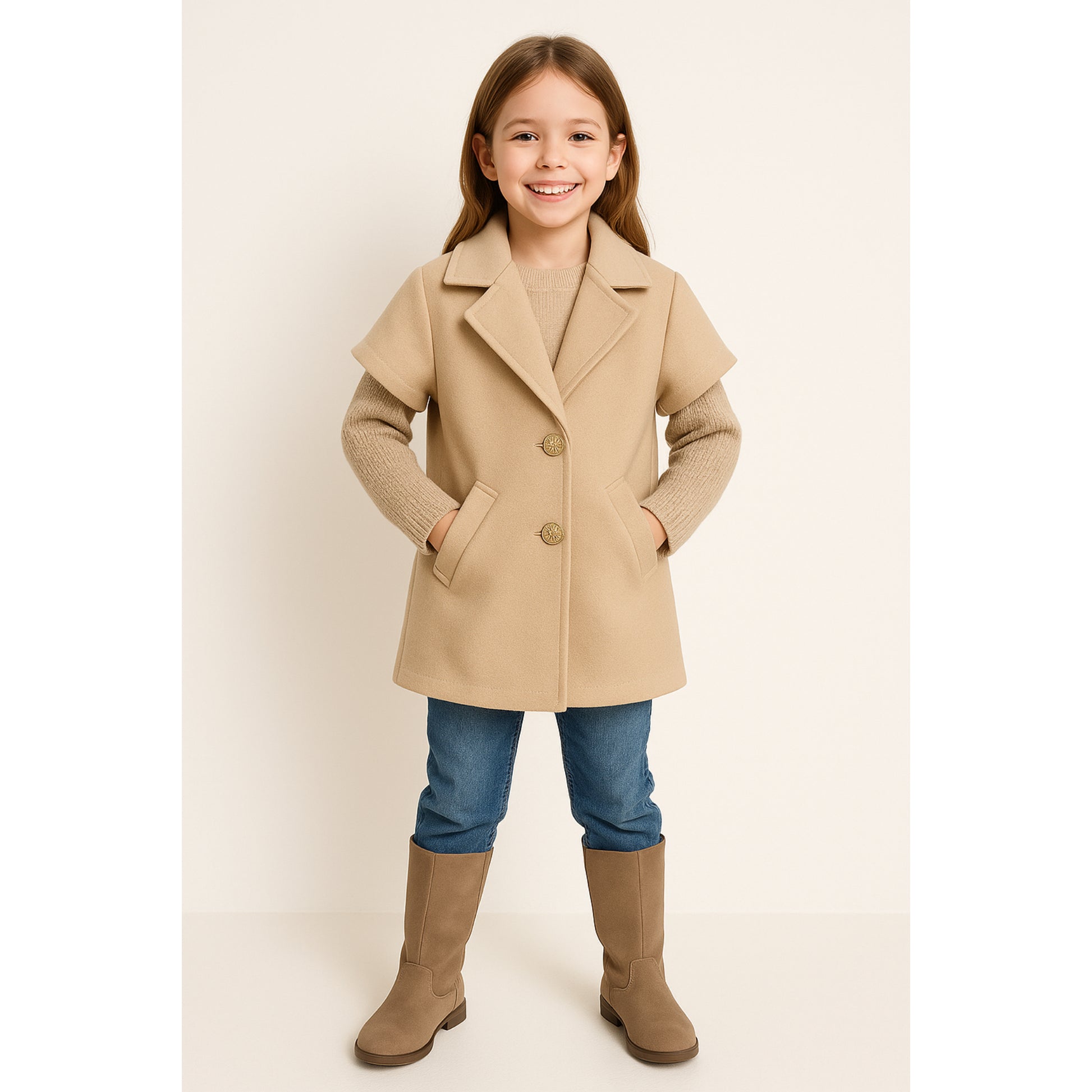 Meisjes jas beige – korte mouwen met gouden knopen en zakken