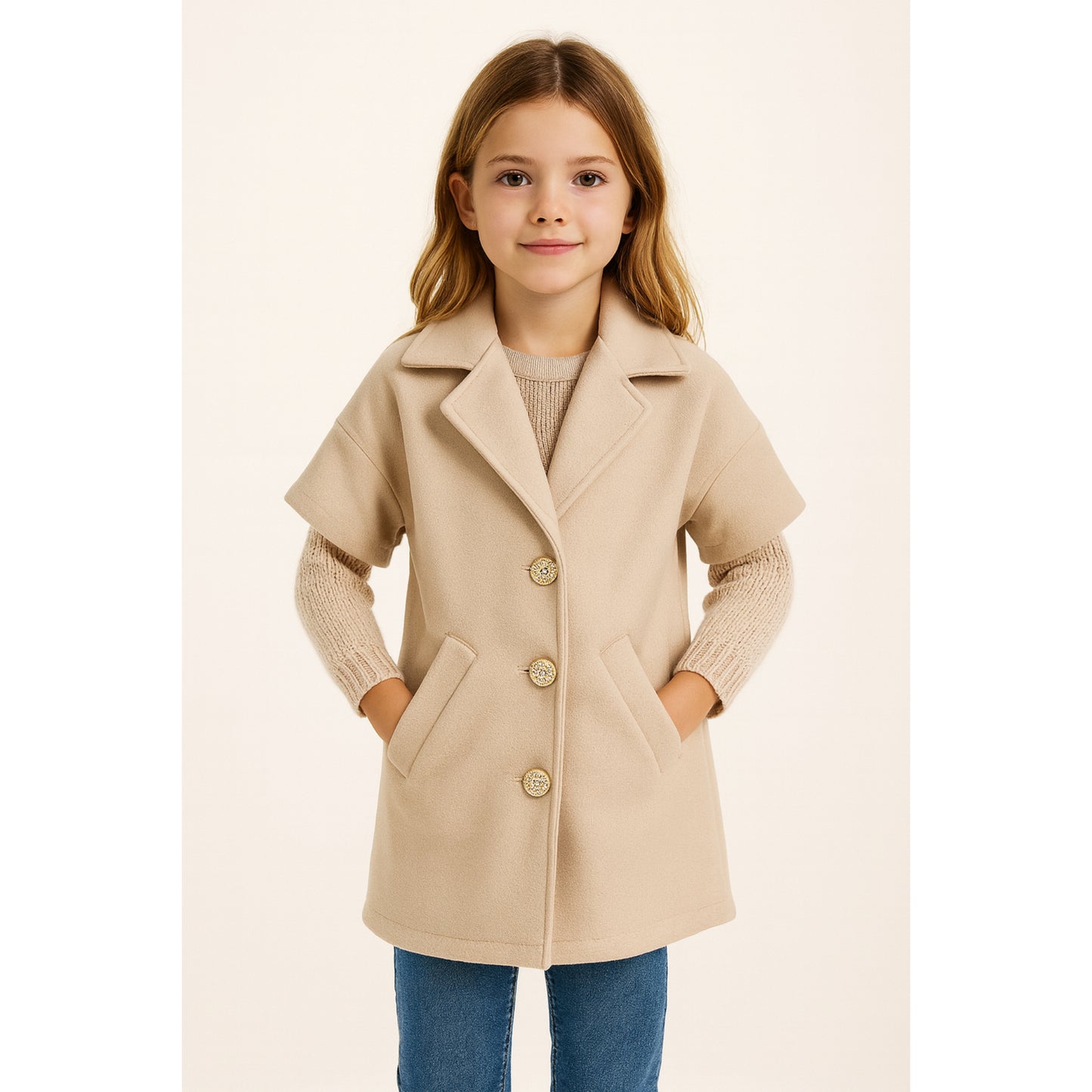 Meisjes jas beige – korte mouwen met gouden knopen en zakken