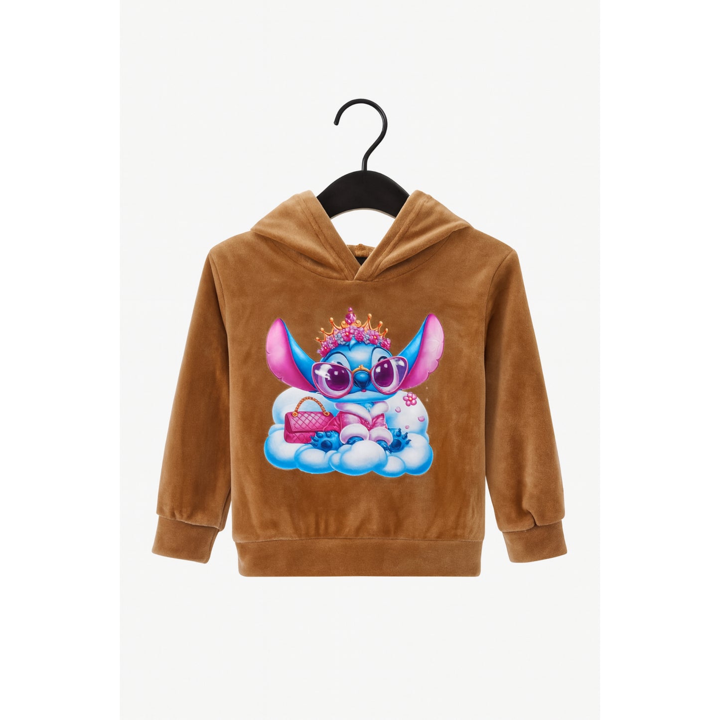Kinder hoodie bruin – met blauwe cartoon figuur en kroon print