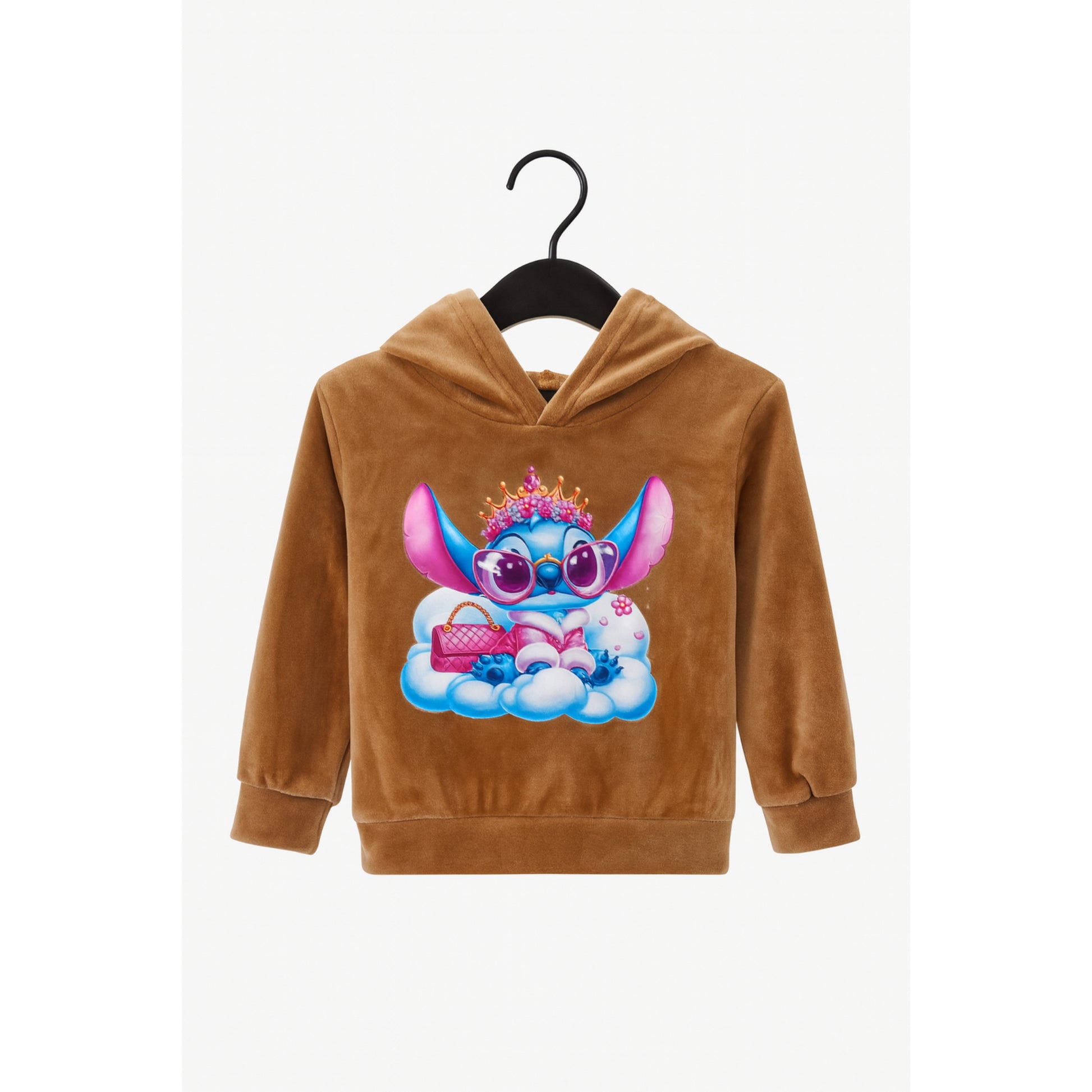 Kinder hoodie bruin – met blauwe cartoon figuur en kroon print