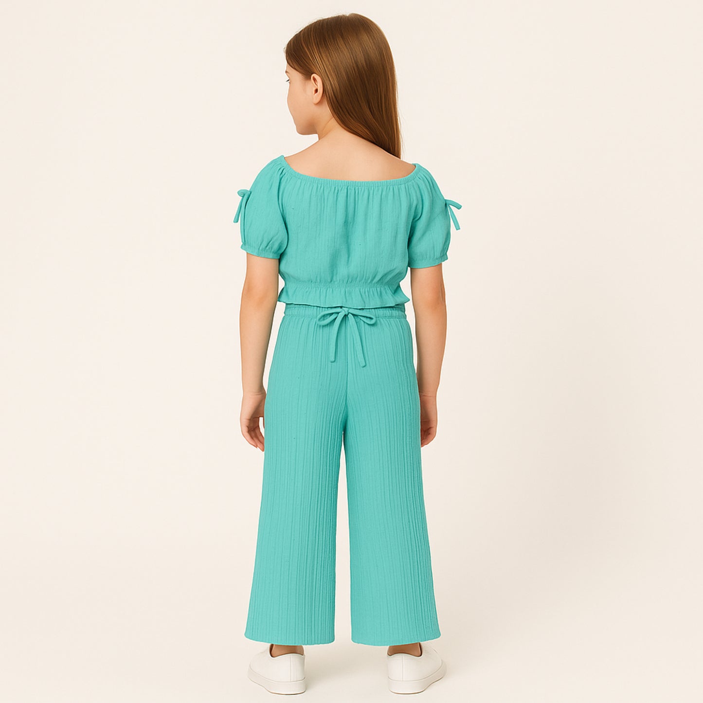 Meisjes set in aqua blauw – off-shoulder top met wijde broek