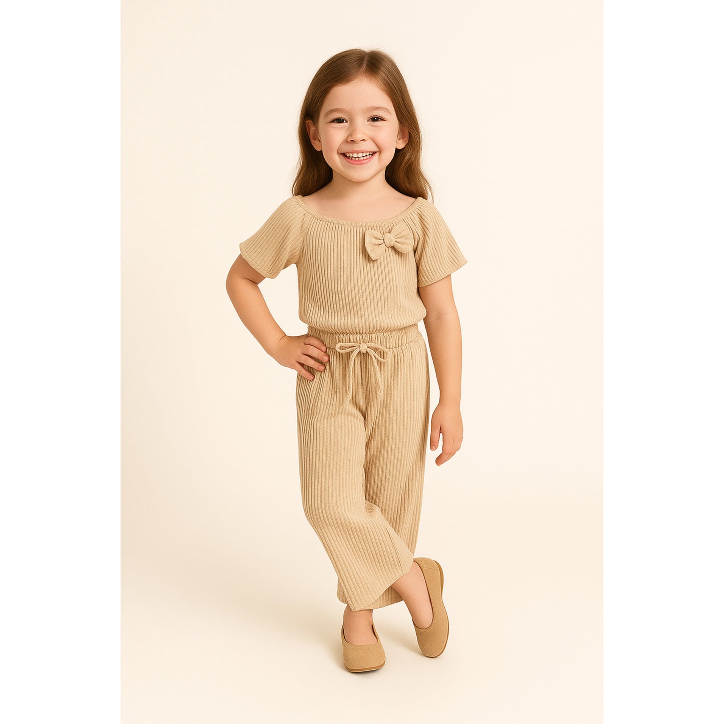 Meisjes tweedelige set beige – top met ruches en broek