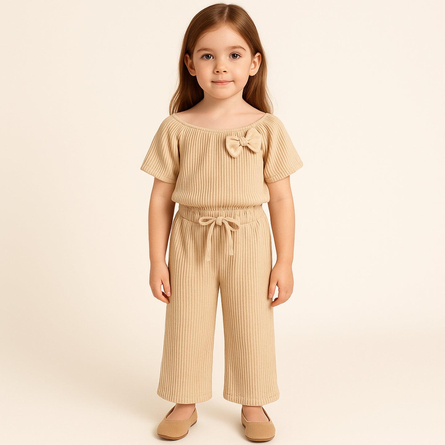Meisjes tweedelige set beige – top met ruches en broek