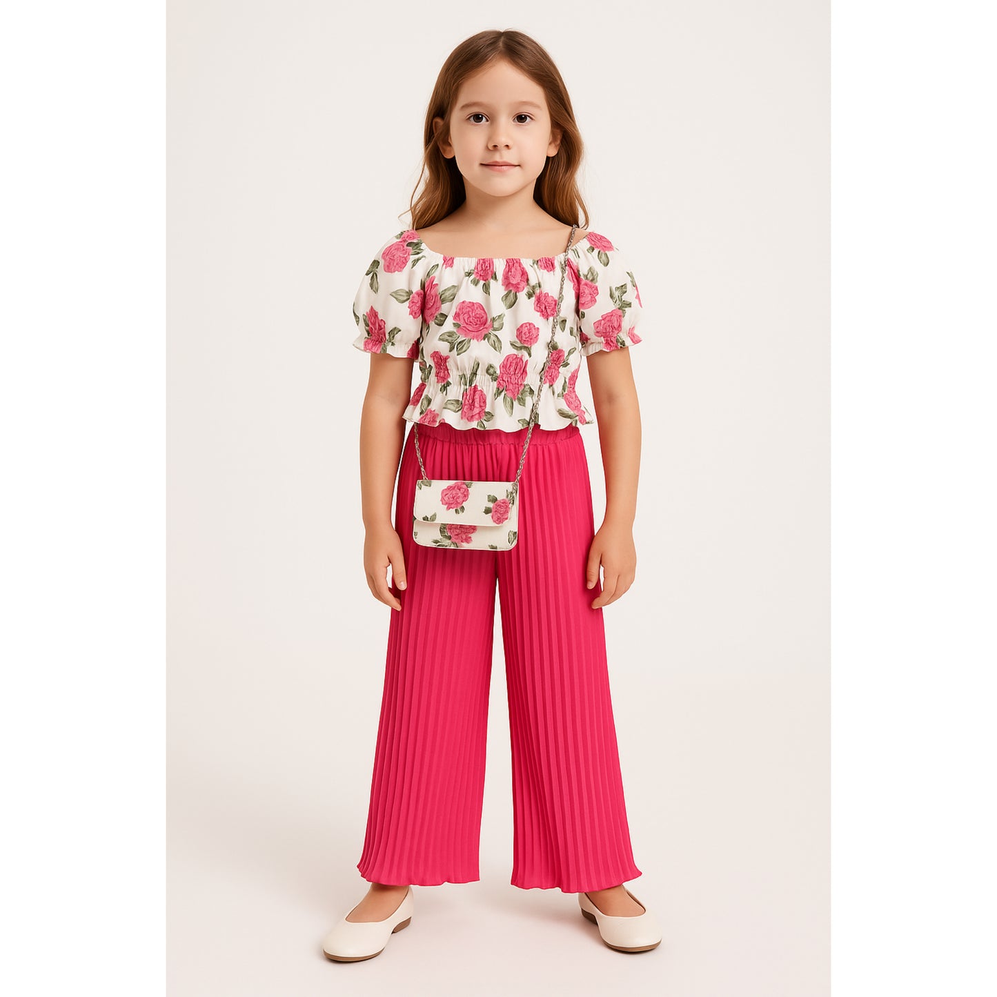 Meisjes set met rozenprint top en roze plissé broek – inclusief schoudertasje