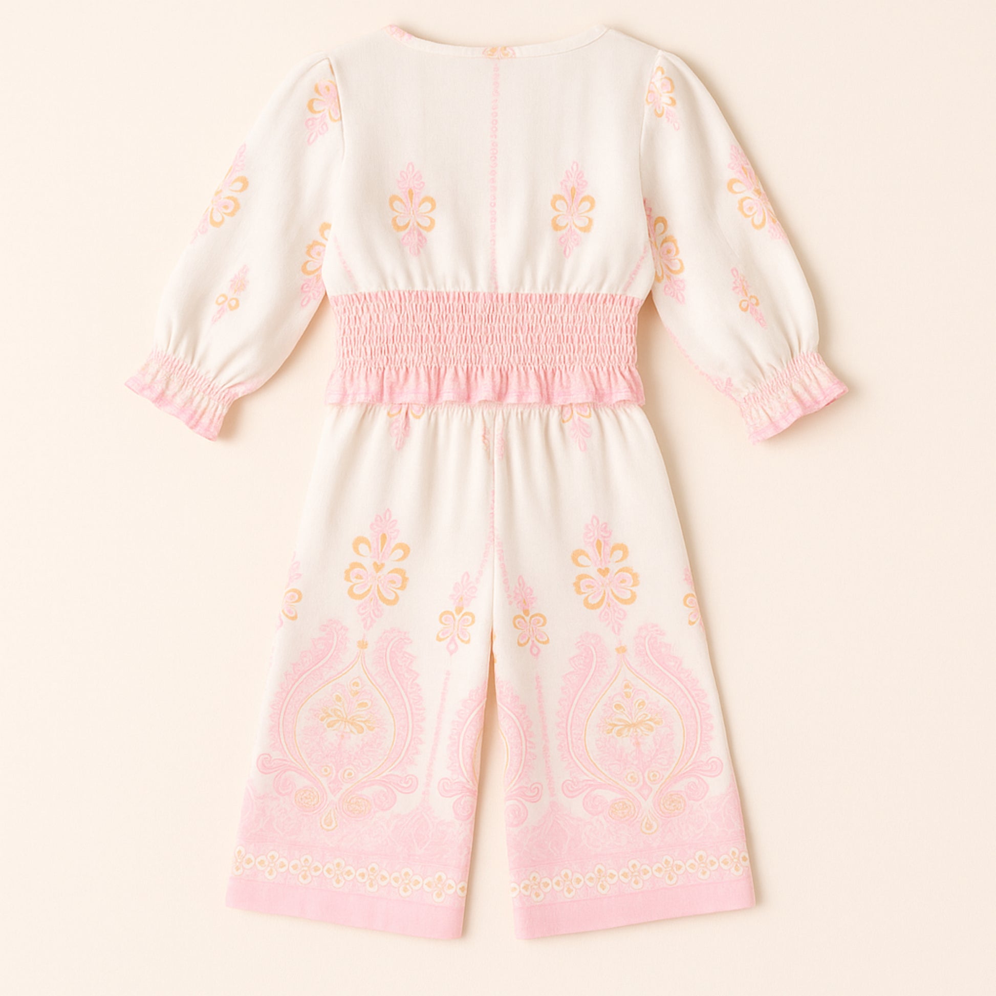 Meisjes set met roze-oranje print – top met lange mouwen en wijde broek