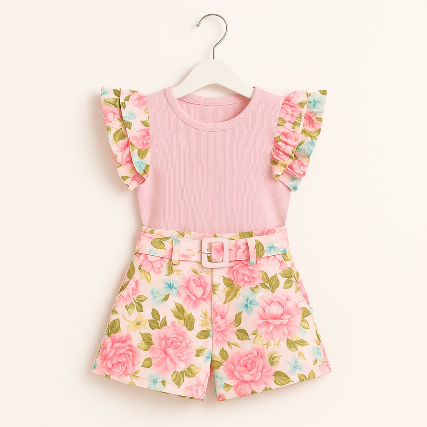 Meisjes set met roze top en bloemen short – inclusief riem