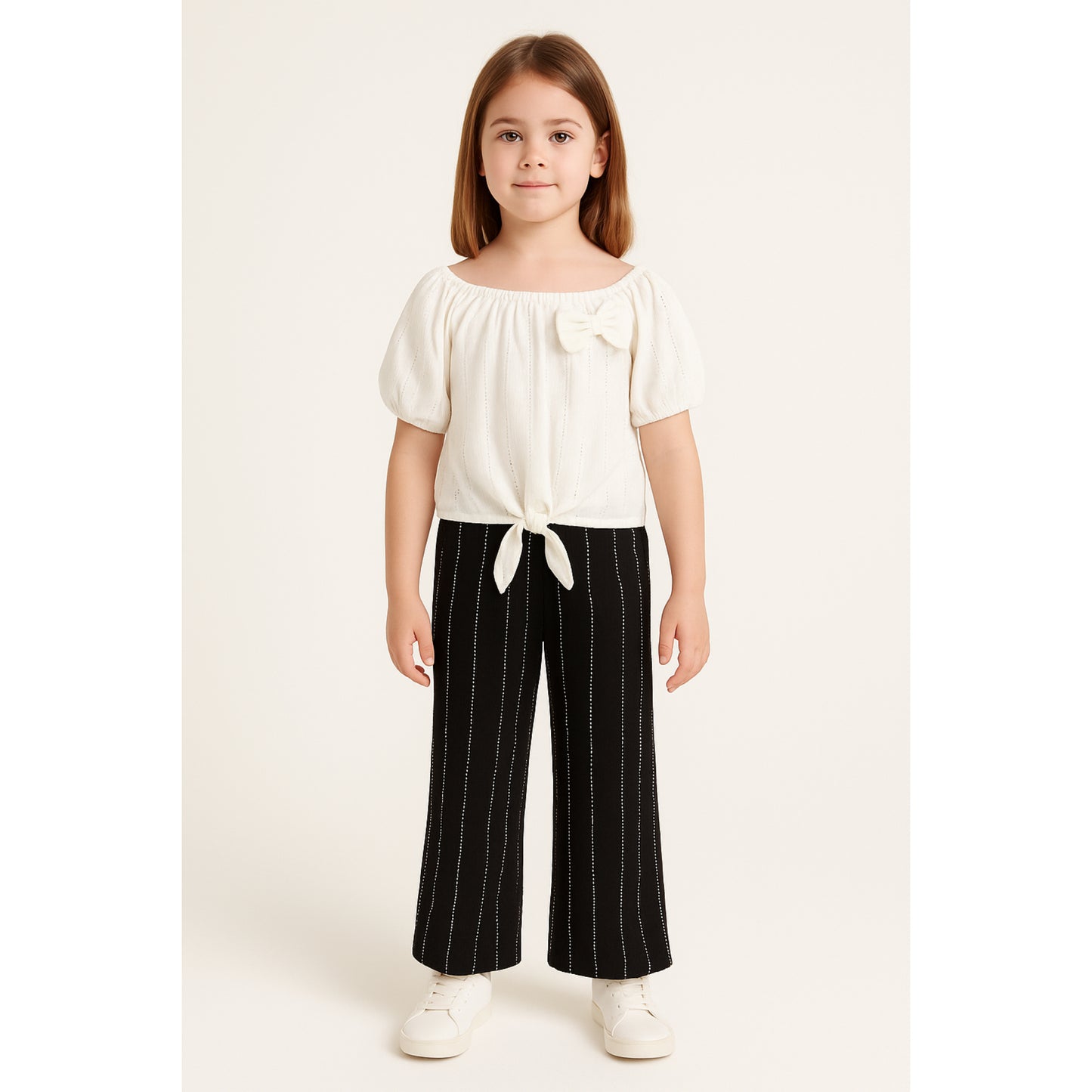 Meisjes set met off-shoulder top en zwarte broek – comfortabel en trendy