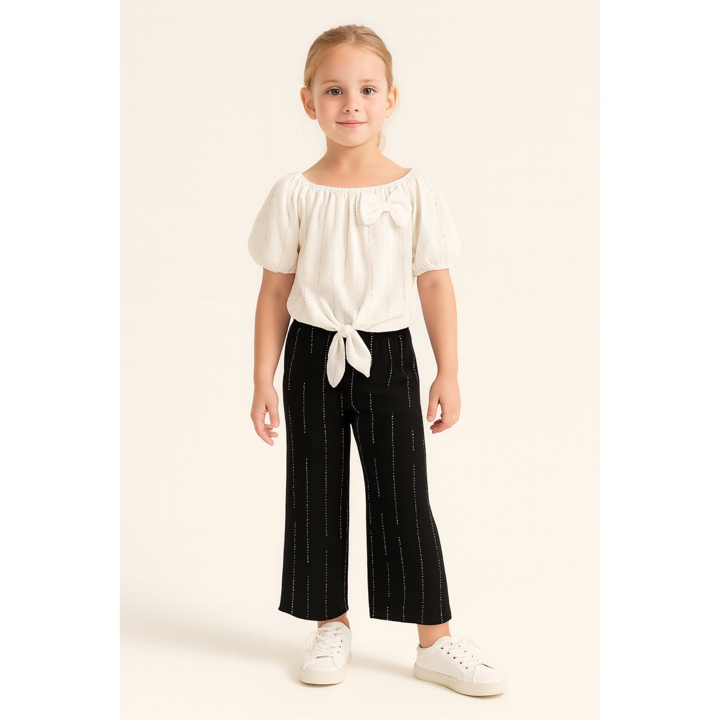 Meisjes set met off-shoulder top en zwarte broek – comfortabel en trendy