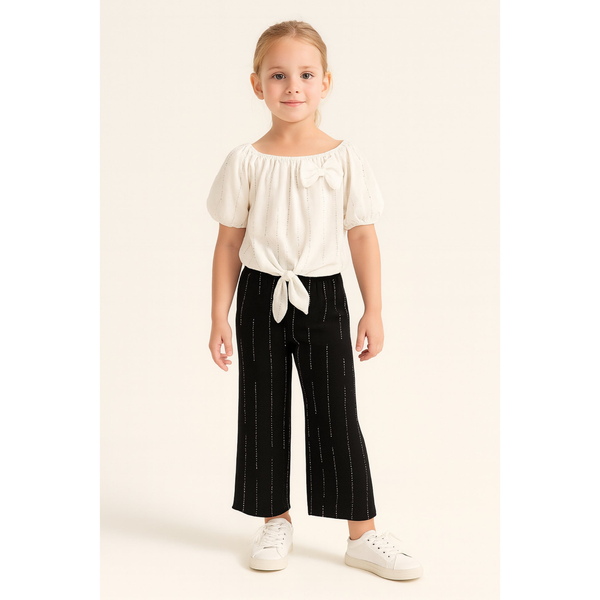 Meisjes set met off-shoulder top en zwarte broek – comfortabel en trendy