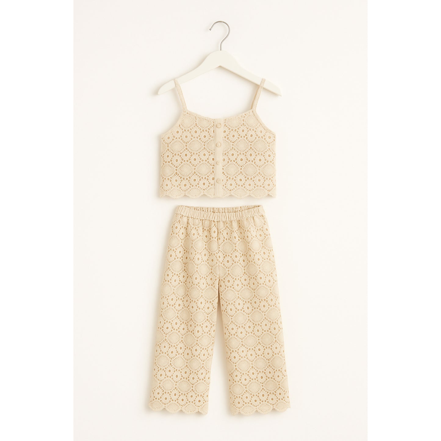 Beige meisjes set – kanten top met spaghetti bandjes & wijde broek