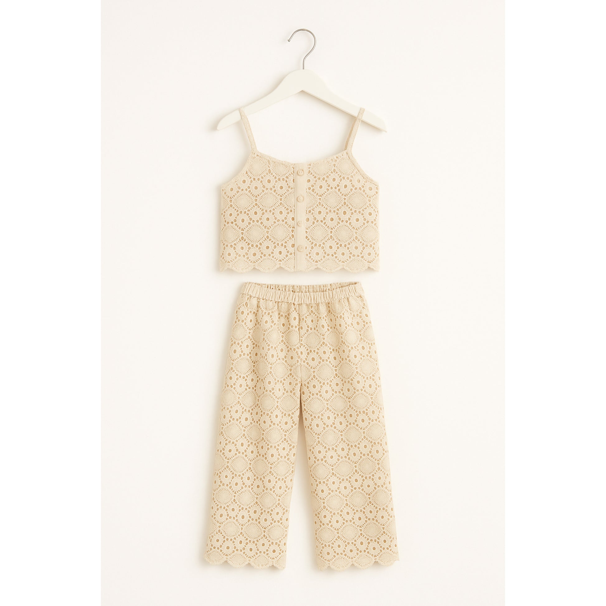 Beige meisjes set – kanten top met spaghetti bandjes & wijde broek
