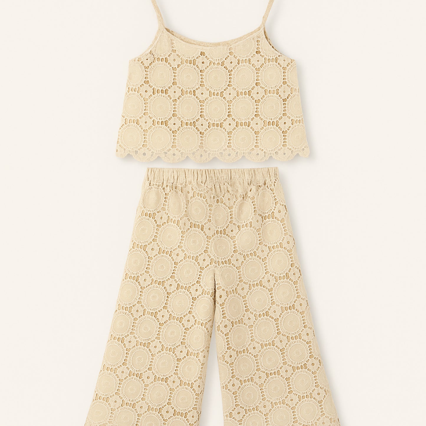 Beige meisjes set – kanten top met spaghetti bandjes & wijde broek