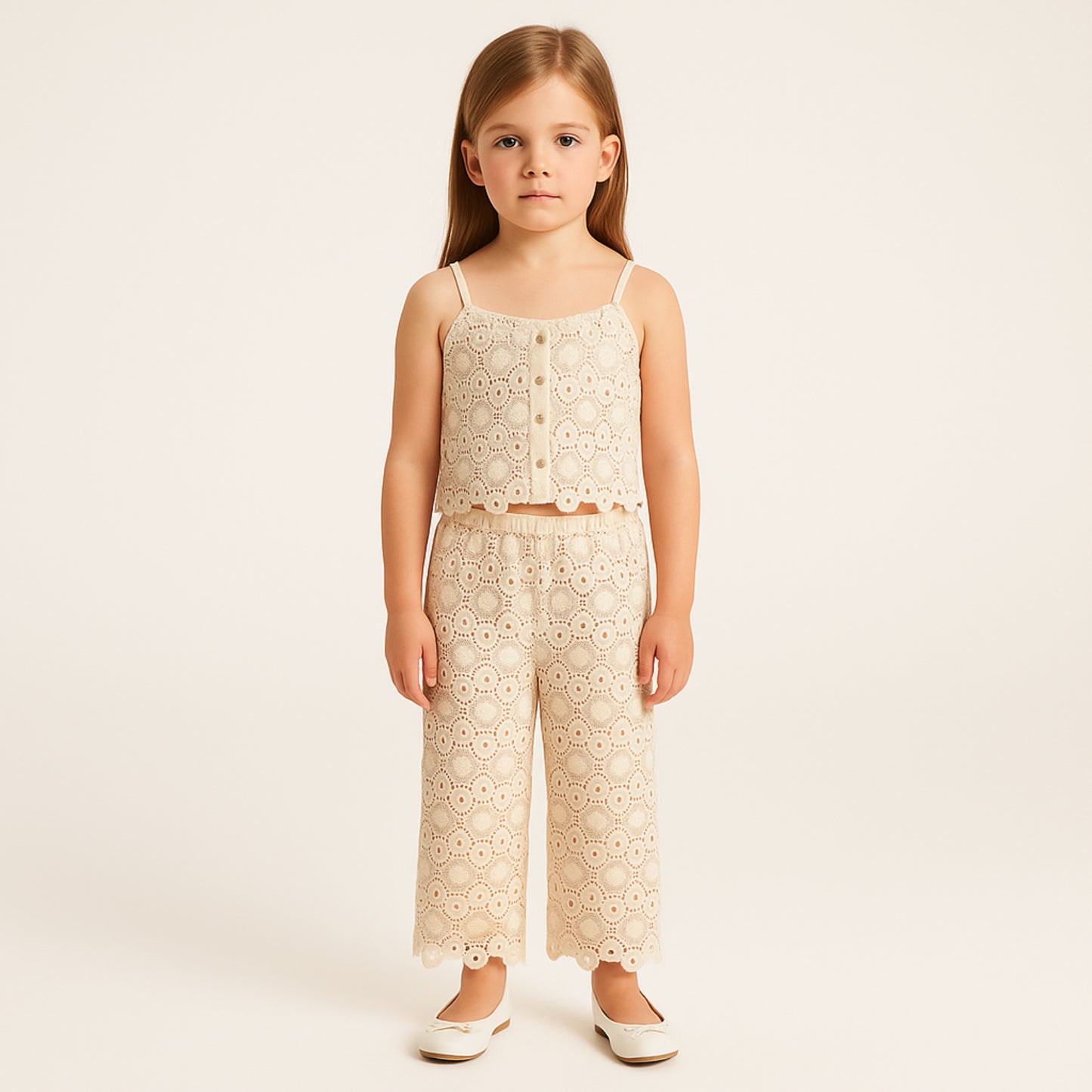 Beige meisjes set – kanten top met spaghetti bandjes & wijde broek