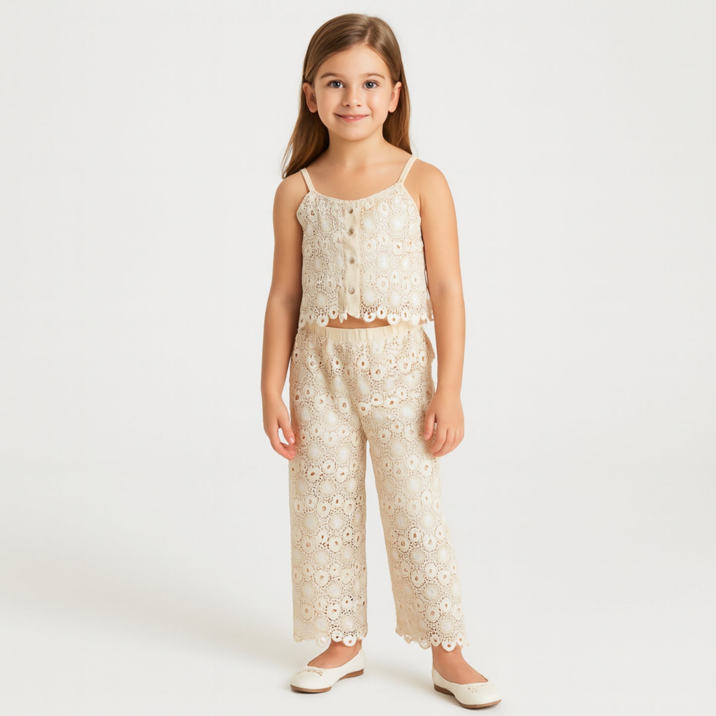 Beige meisjes set – kanten top met spaghetti bandjes & wijde broek