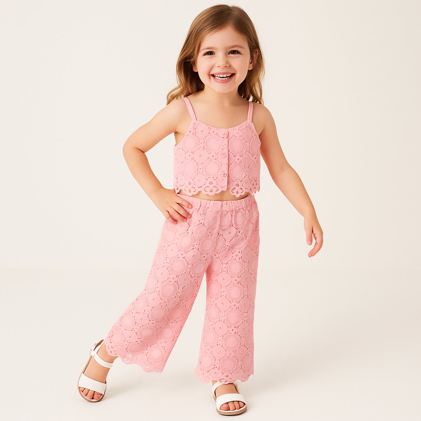 Meisjes zomer set – roze kanten top en broek