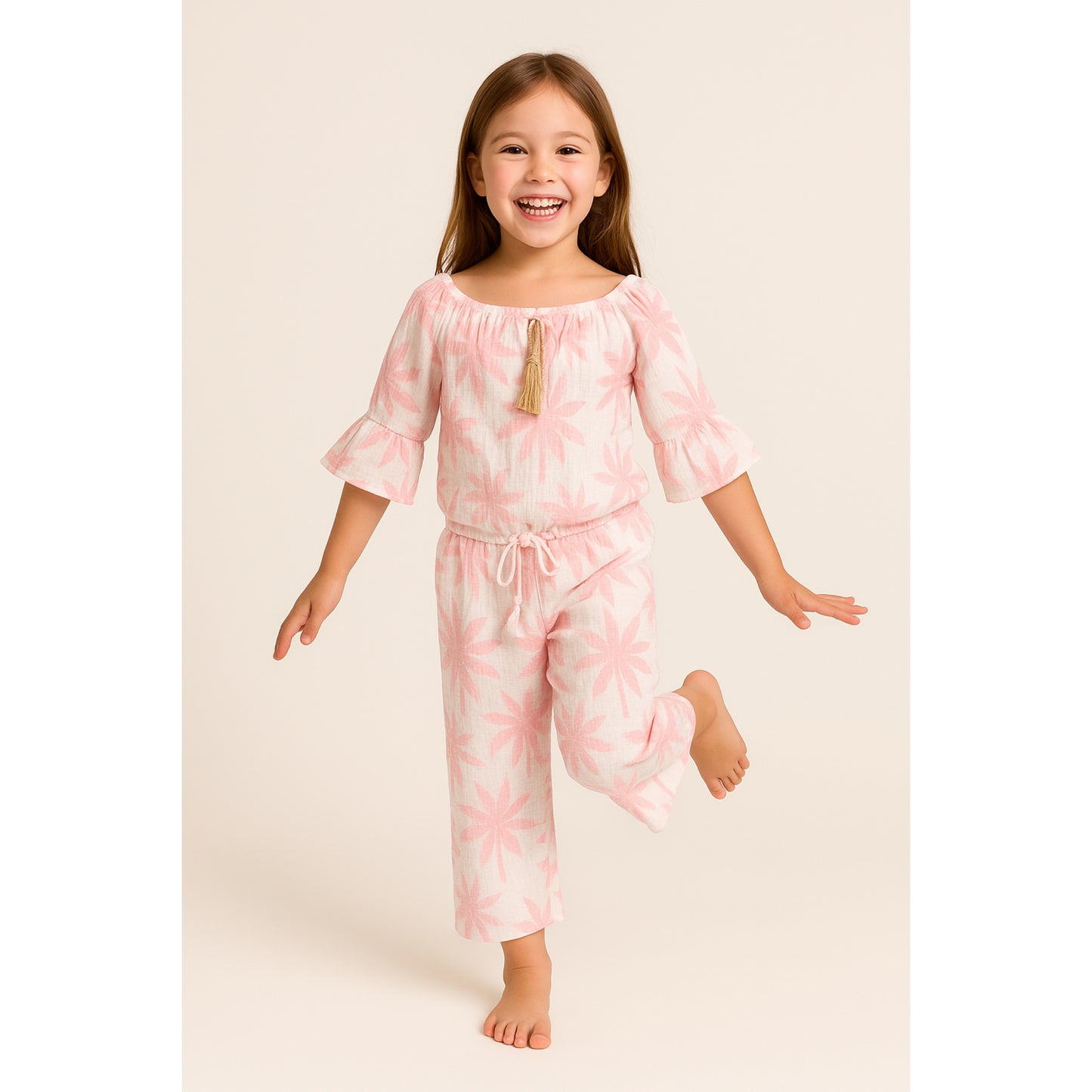 Meisjes set met bloemenprint – off-shoulder top & broek