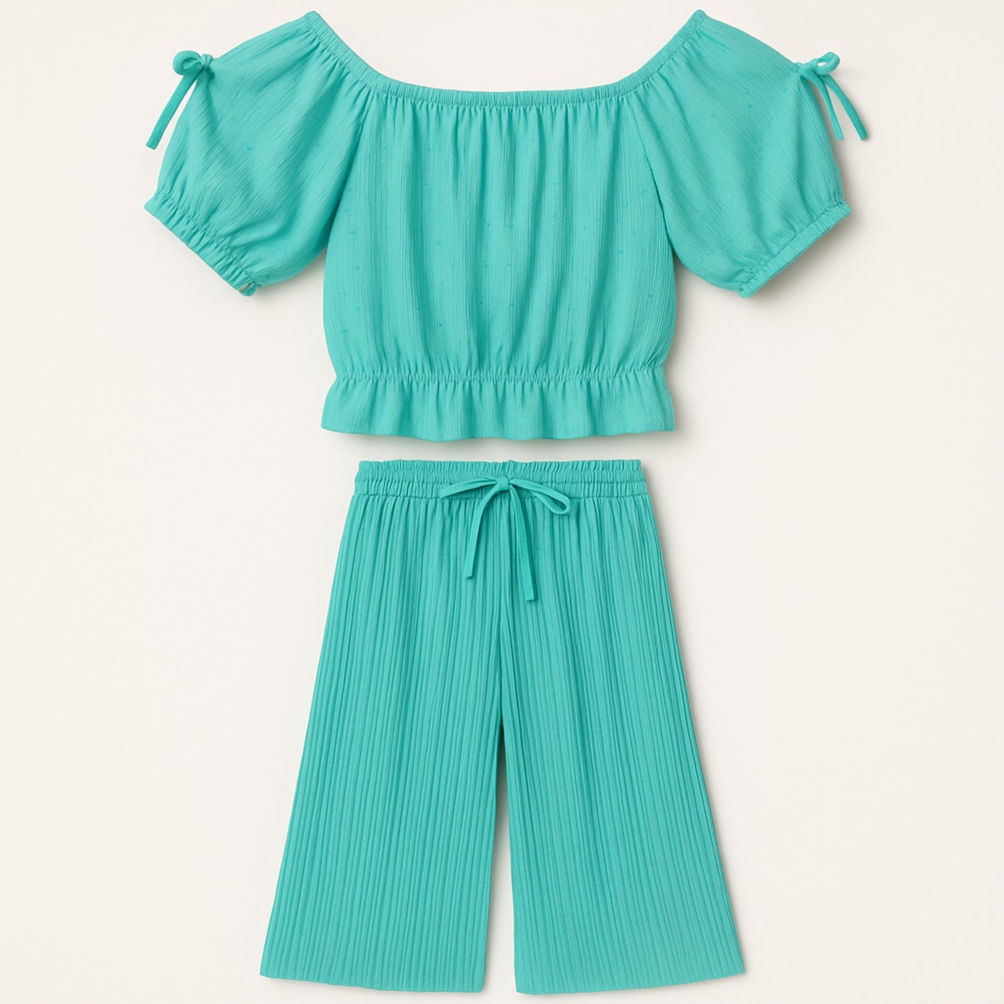 Meisjes set in aqua blauw – off-shoulder top met wijde broek