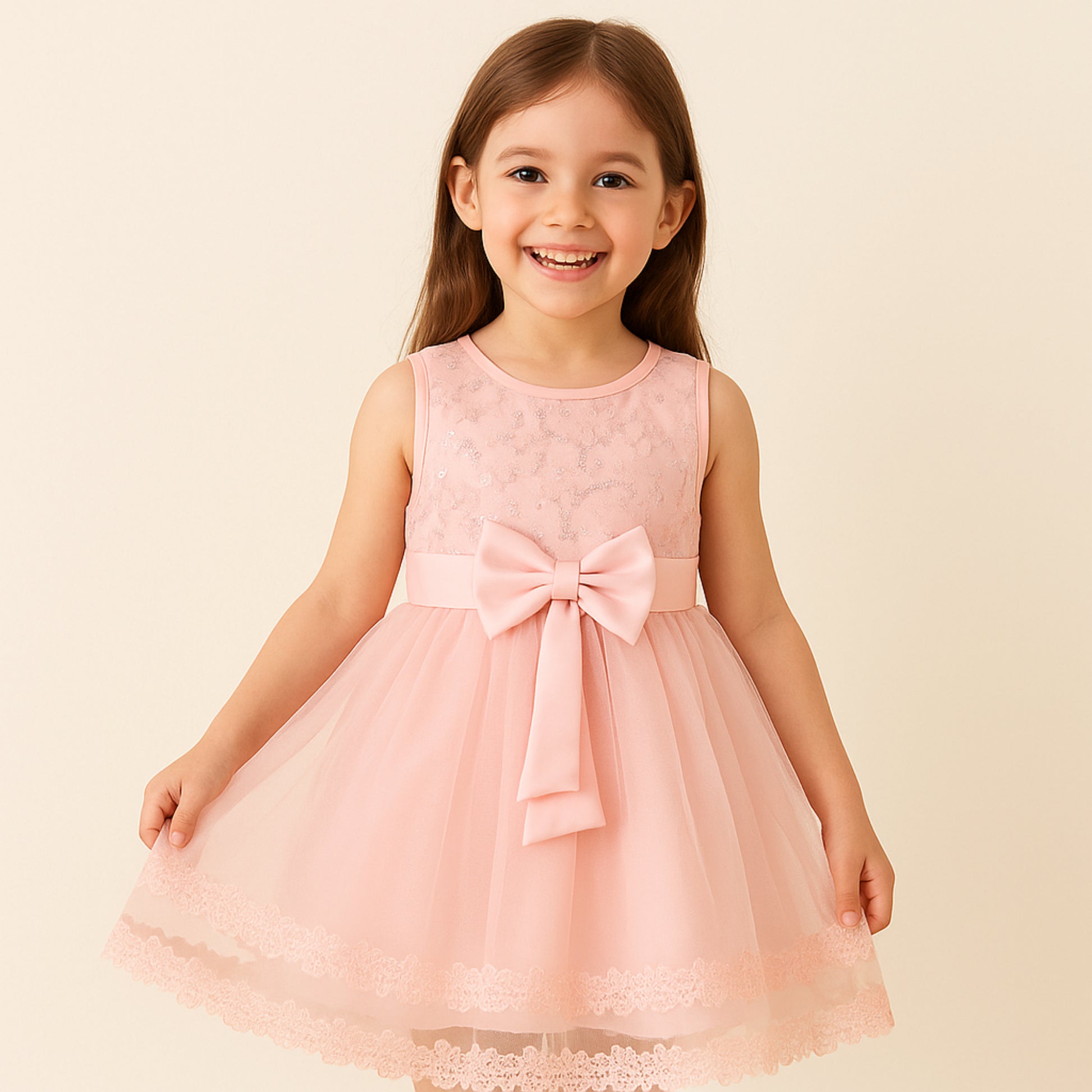 Meisjes Roze Tule Jurk met Strik en Kantdetails