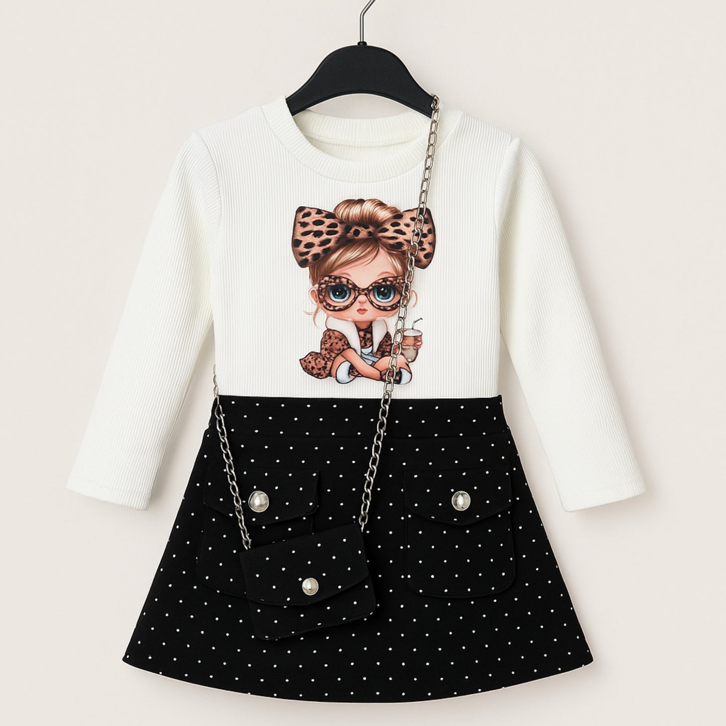 Meisjesjurk met poppenprint en zwart rokje – inclusief schoudertasje