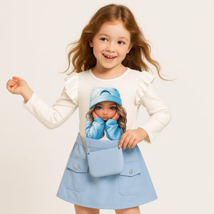 Meisjesjurk met poppenprint en blauw rokje – inclusief schoudertasje