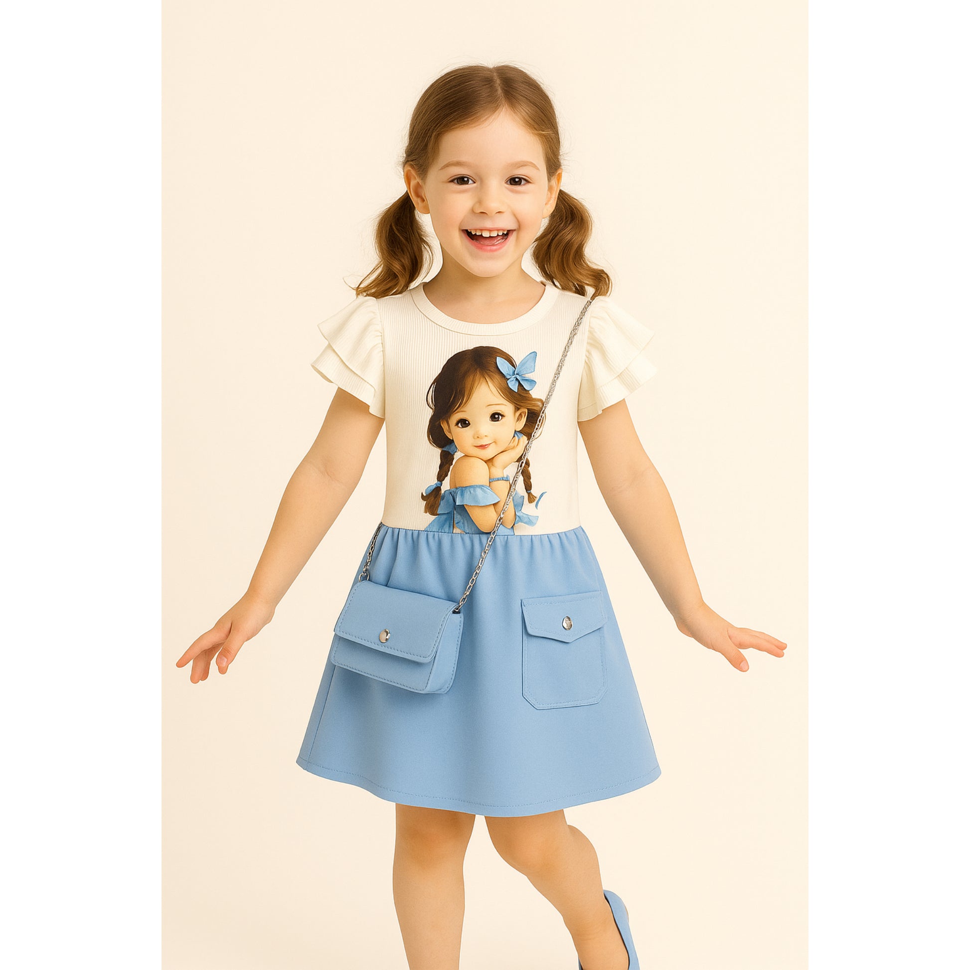 Meisjesjurk met poppenprint en blauw rokje – inclusief schoudertasje