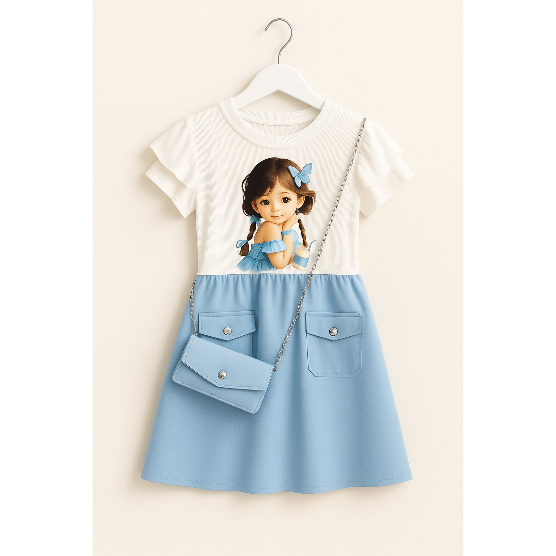 Meisjesjurk met poppenprint en blauw rokje – inclusief schoudertasje