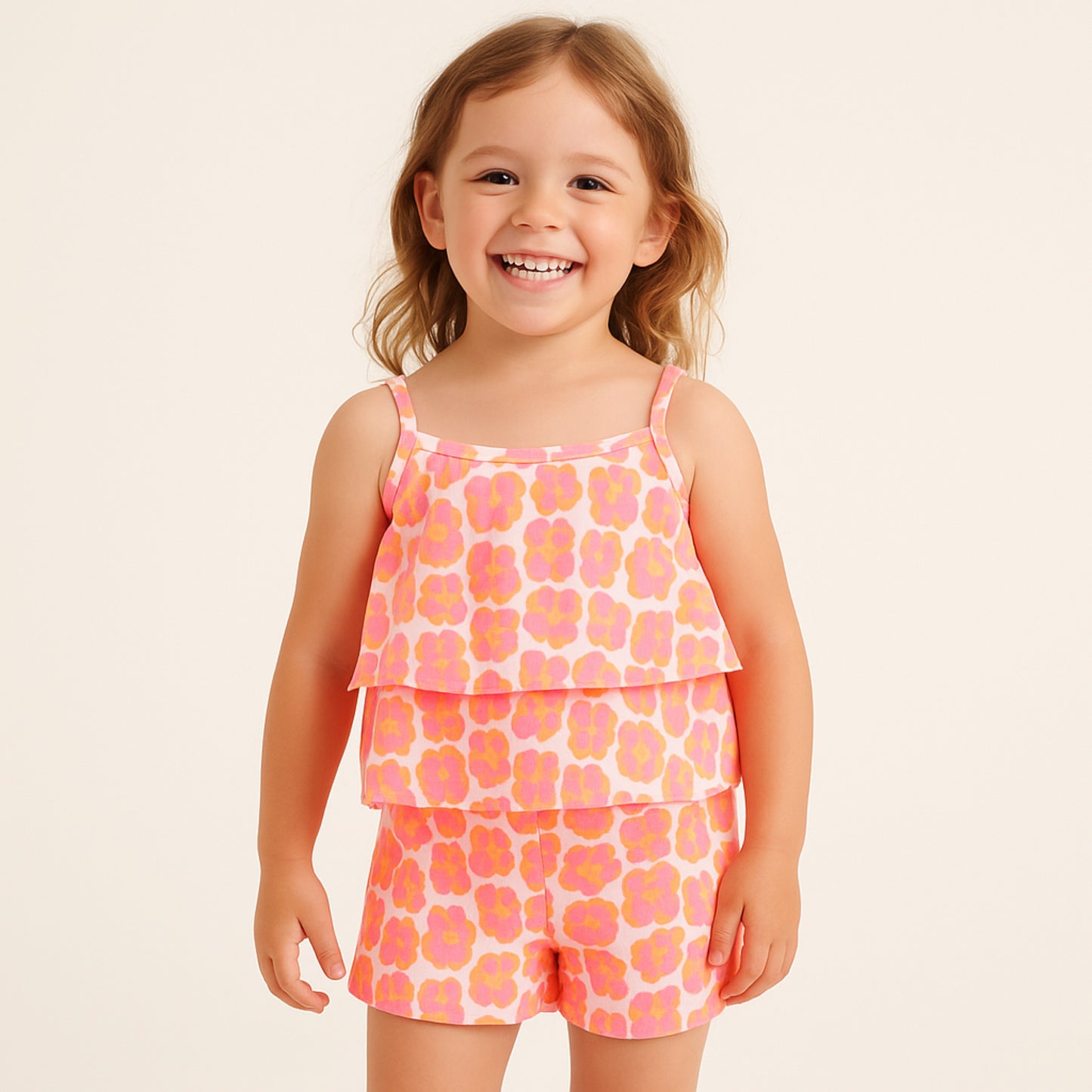 Meisjes Zomer Set met Roze en Oranje Bloemenprint – Tweedelig