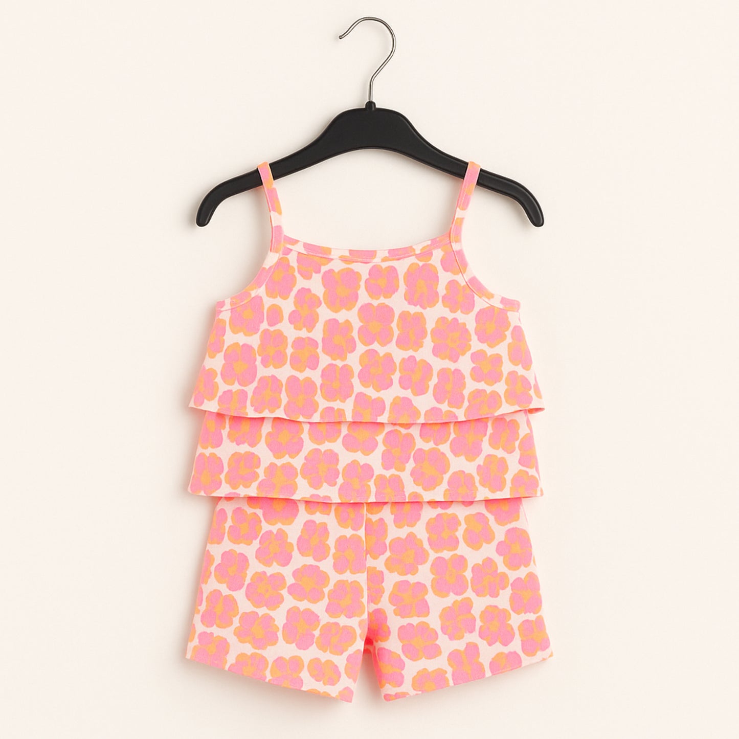 Meisjes Zomer Set met Roze en Oranje Bloemenprint – Tweedelig