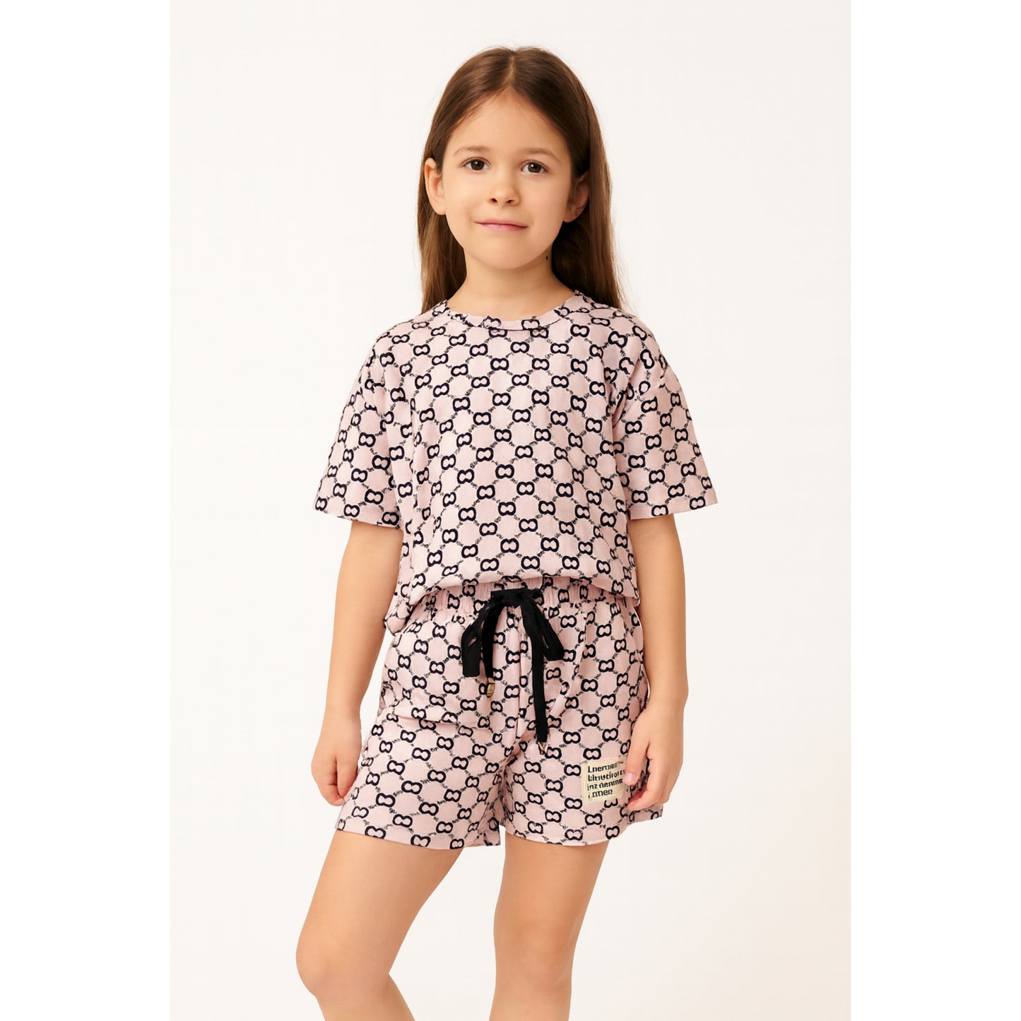 Roze Meisjes Set met Zwarte All-Over Print en Shorts