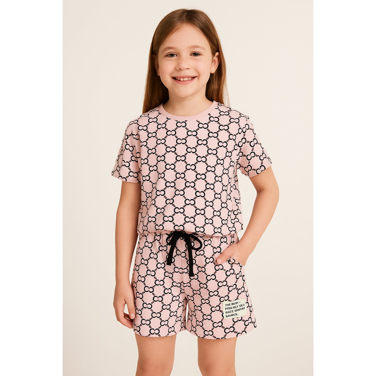 Roze Meisjes Set met Zwarte All-Over Print en Shorts