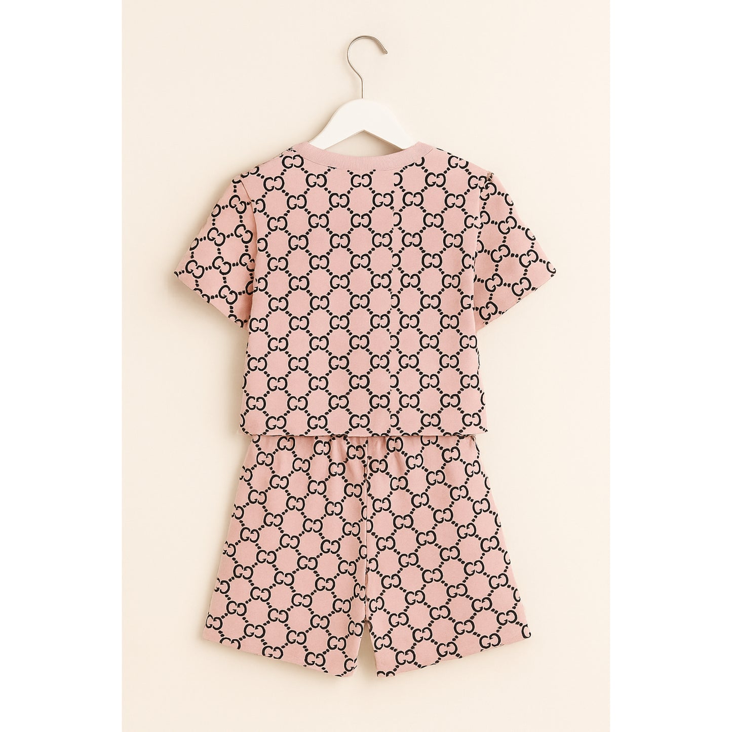 Roze Meisjes Set met Zwarte All-Over Print en Shorts