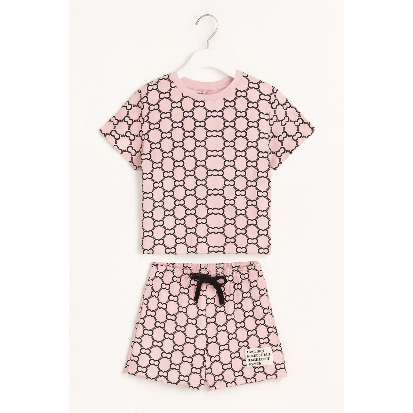 Roze Meisjes Set met Zwarte All-Over Print en Shorts