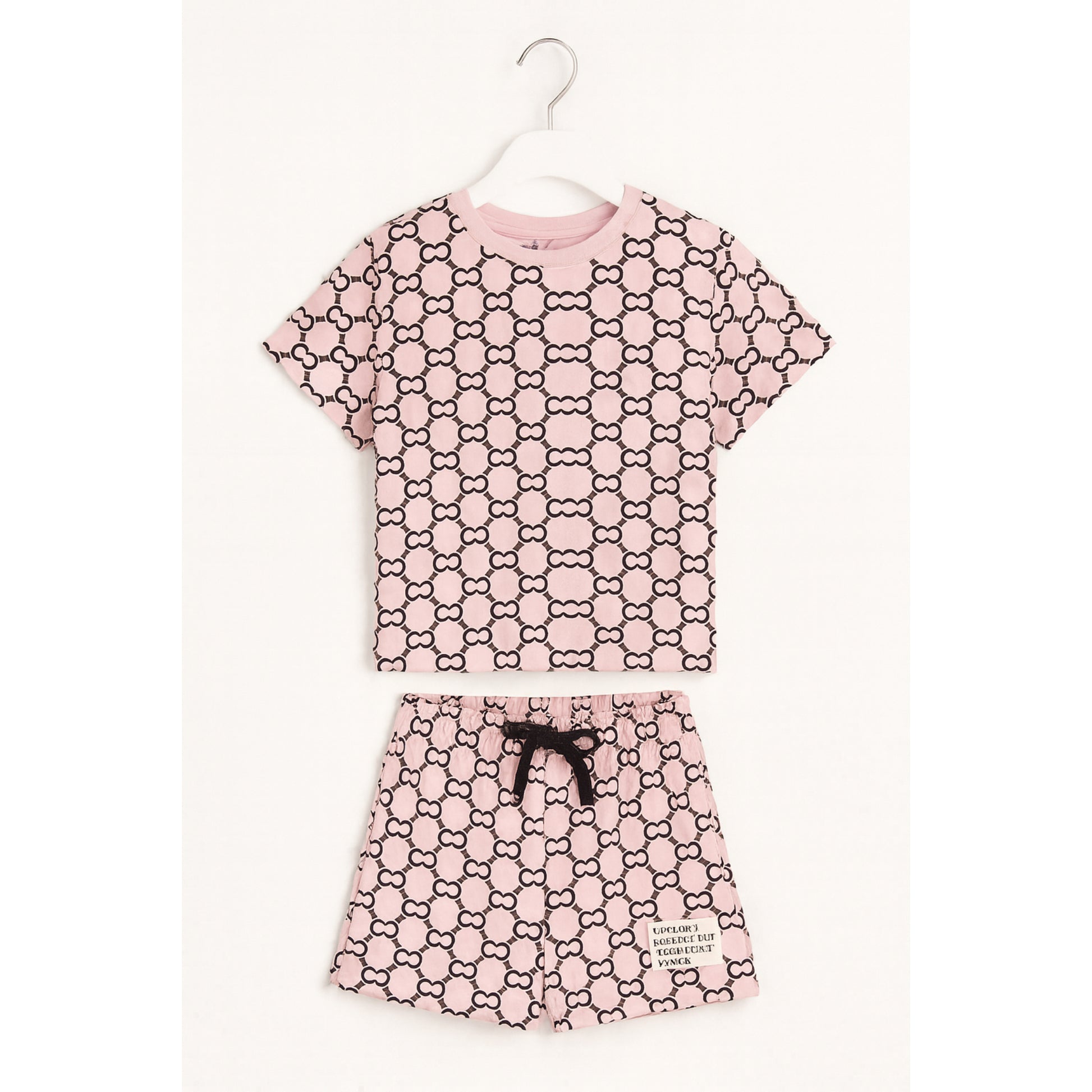 Roze Meisjes Set met Zwarte All-Over Print en Shorts