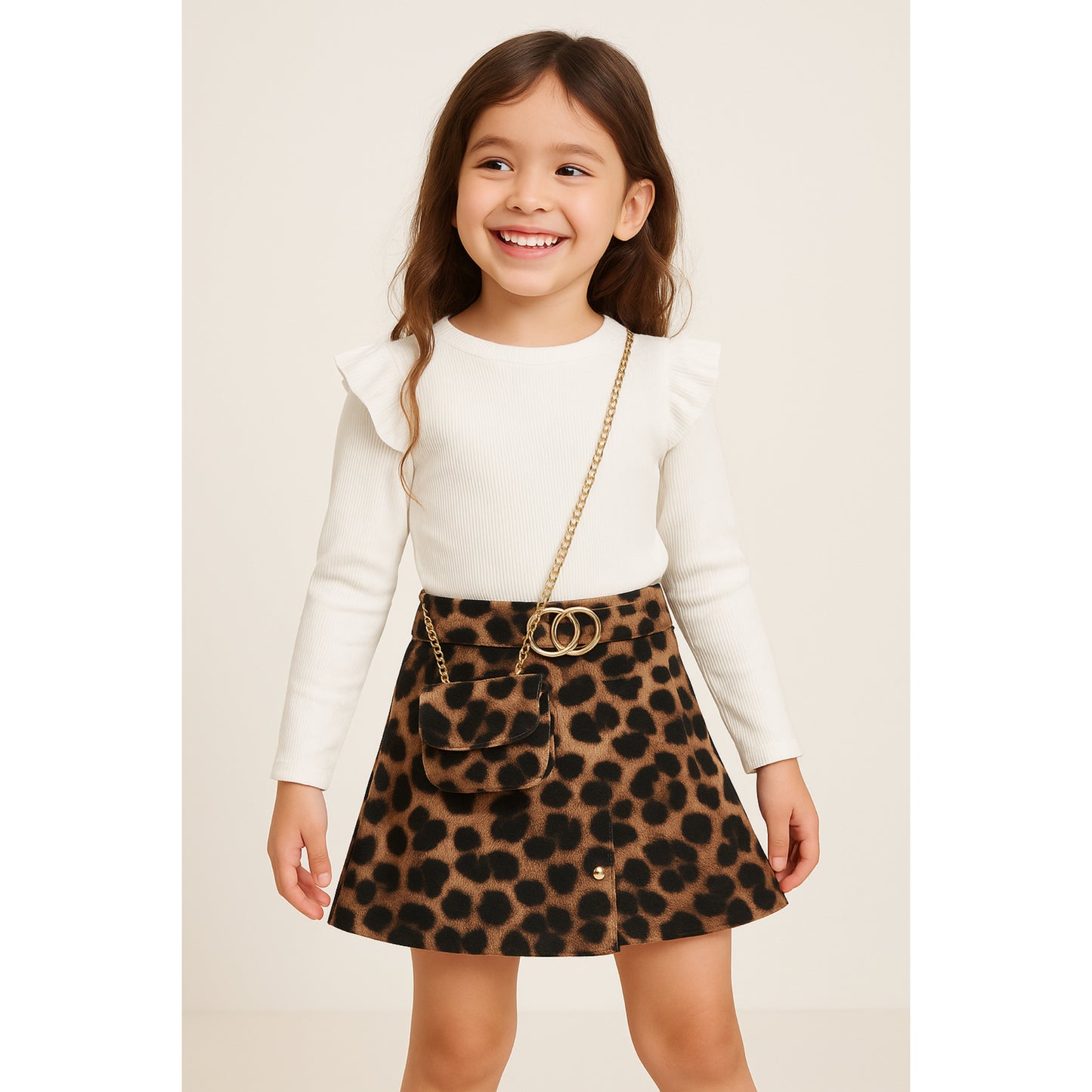 Meisjes set met panterprint rok – witte top met lange mouwen