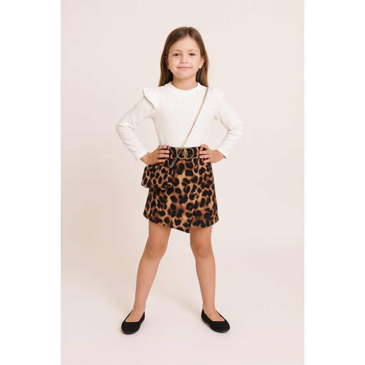 Meisjes set met panterprint rok – witte top met lange mouwen