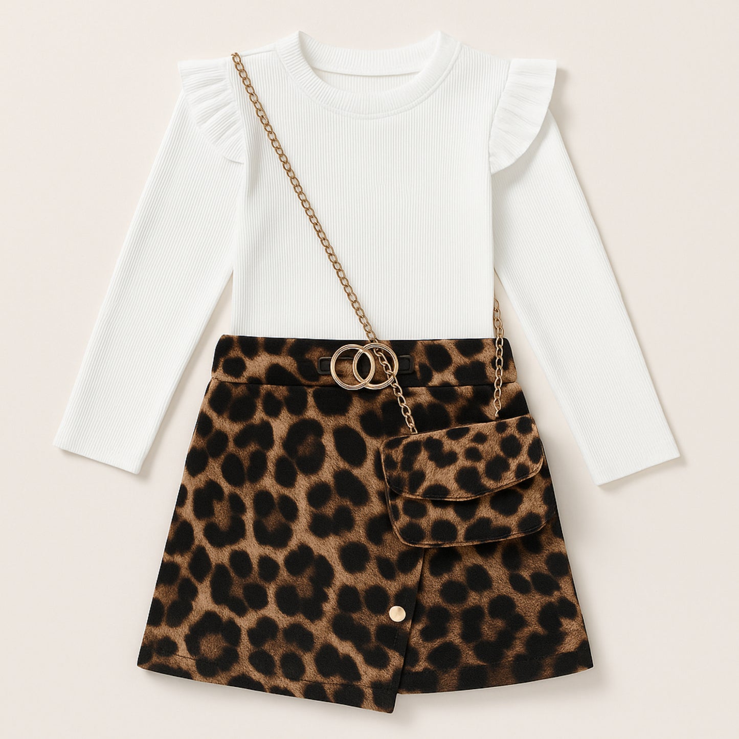 Meisjes set met panterprint rok – witte top met lange mouwen
