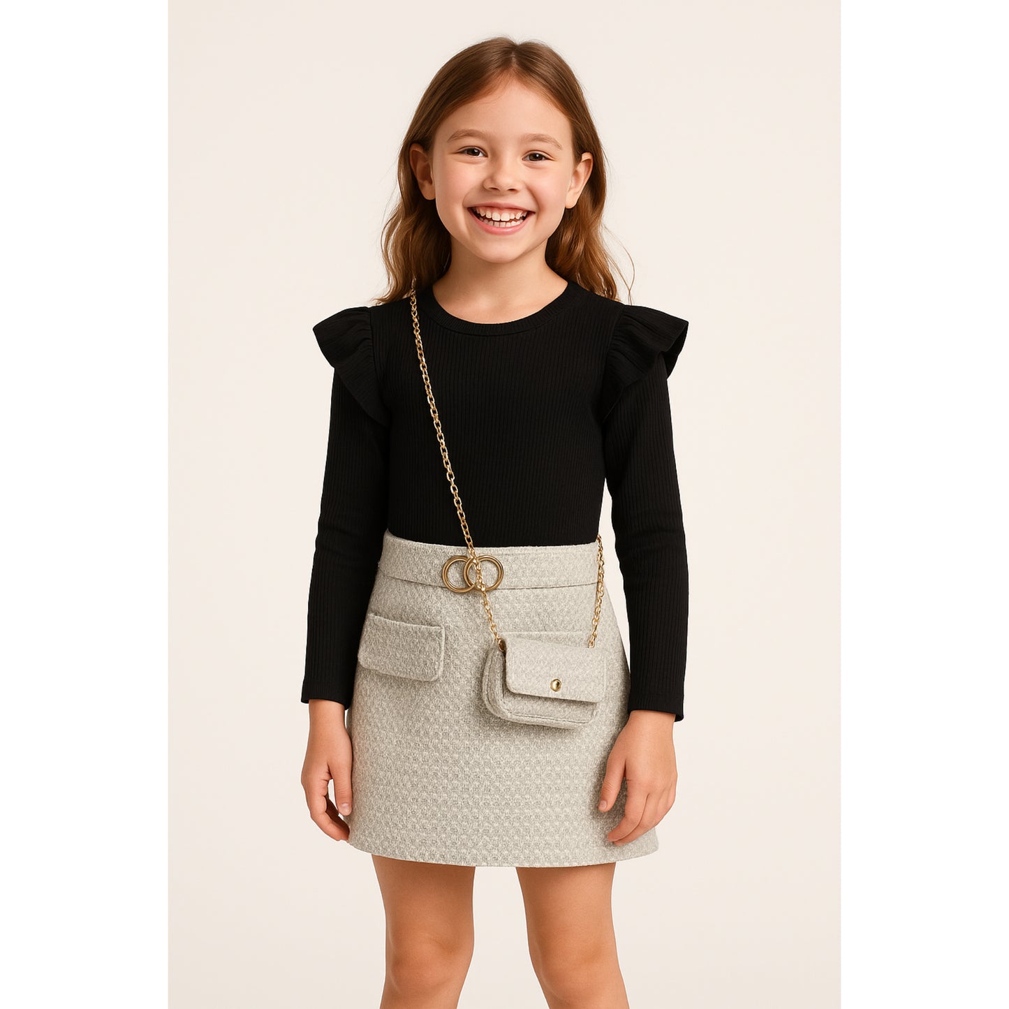 Meisjesrok met zwart shirt – beige set met schoudertas