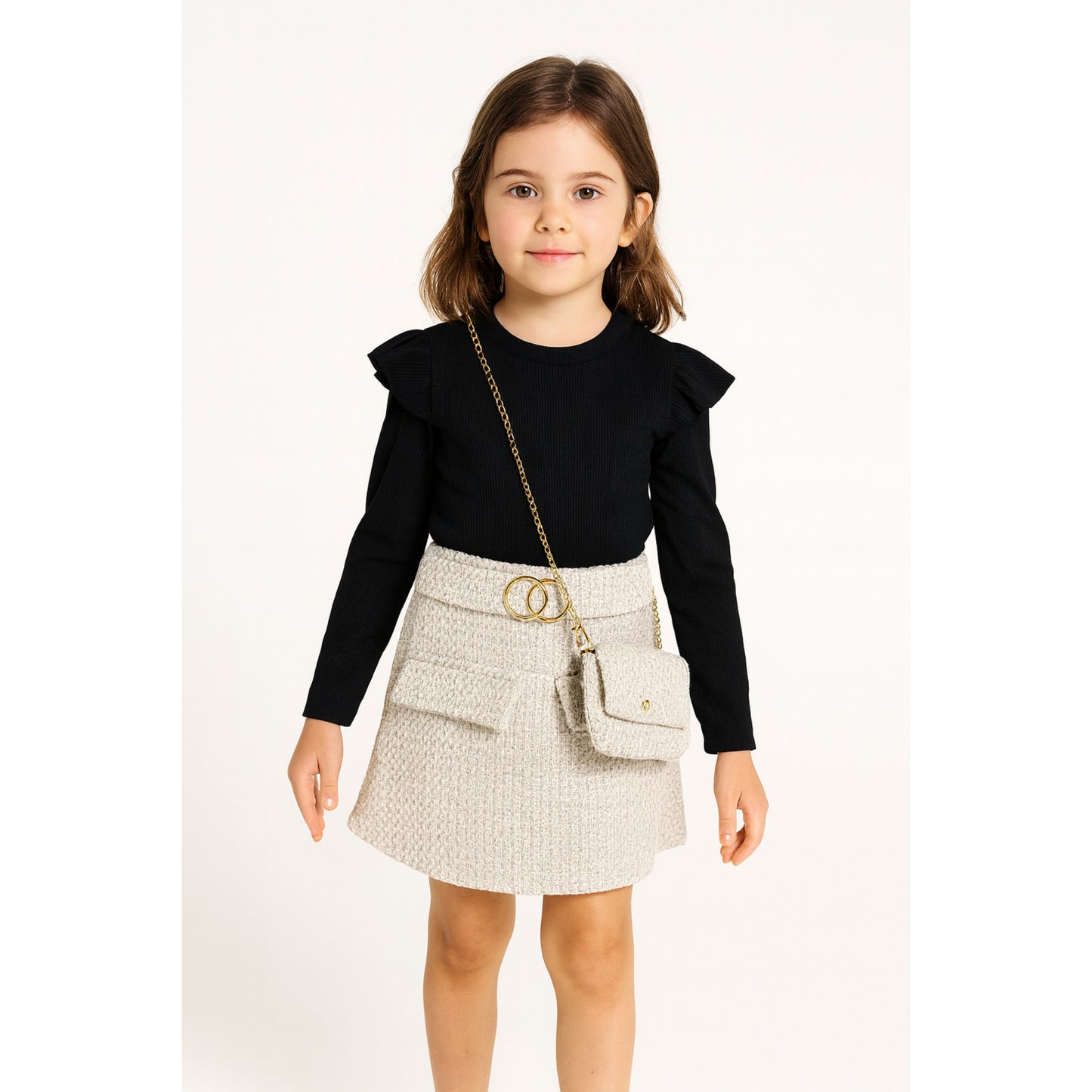 Meisjesrok met zwart shirt – beige set met schoudertas