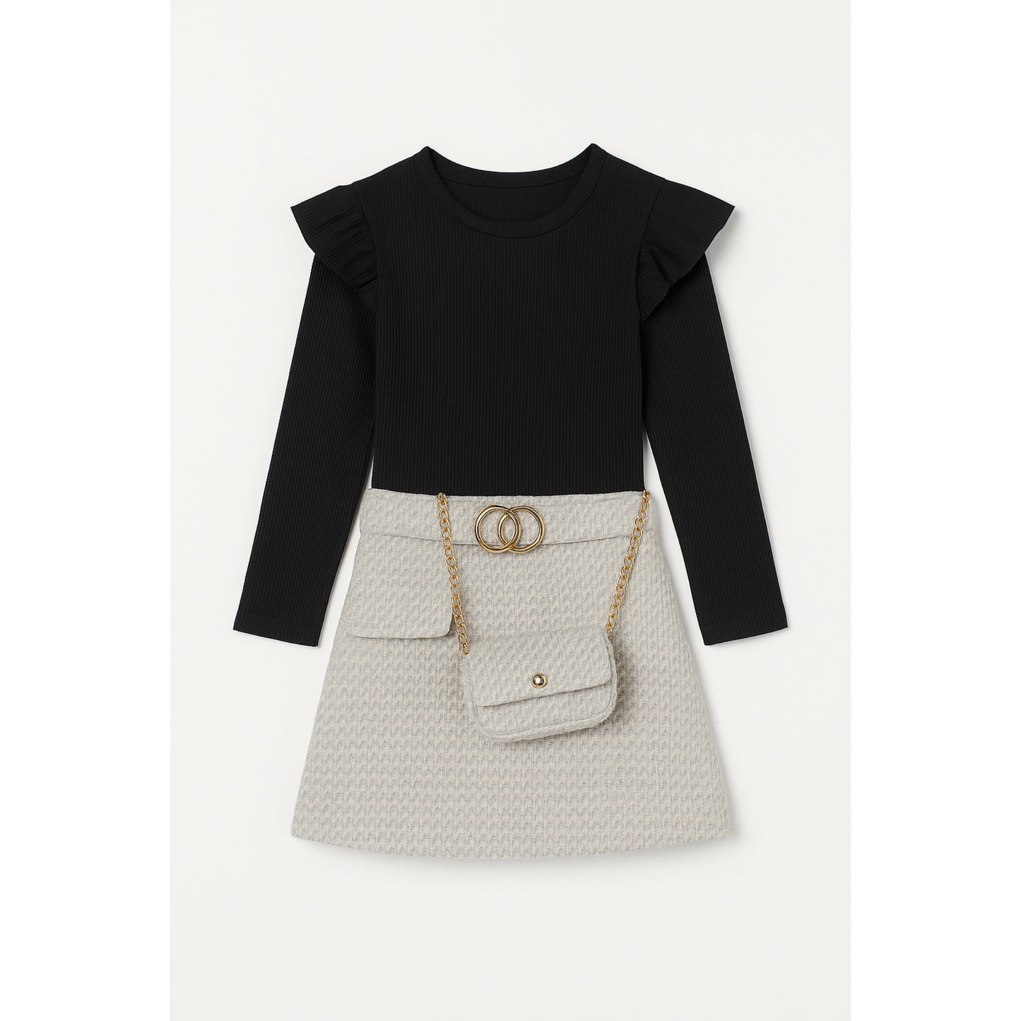Meisjesrok met zwart shirt – beige set met schoudertas