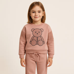 Meisjes trainingspak met teddybeer print – roze sweatshirt en broek met glitterdetails