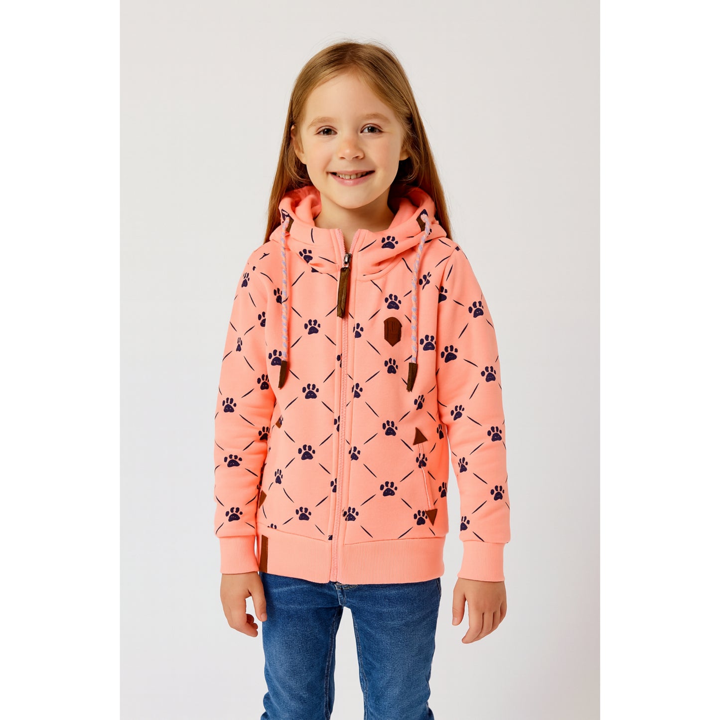 Meisjes hoodie coral roze met pootjes – comfortabele sweatjas met capuchon