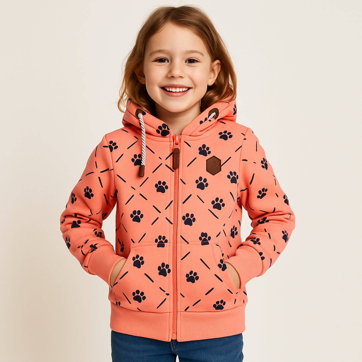 Meisjes hoodie coral roze met pootjes – comfortabele sweatjas met capuchon