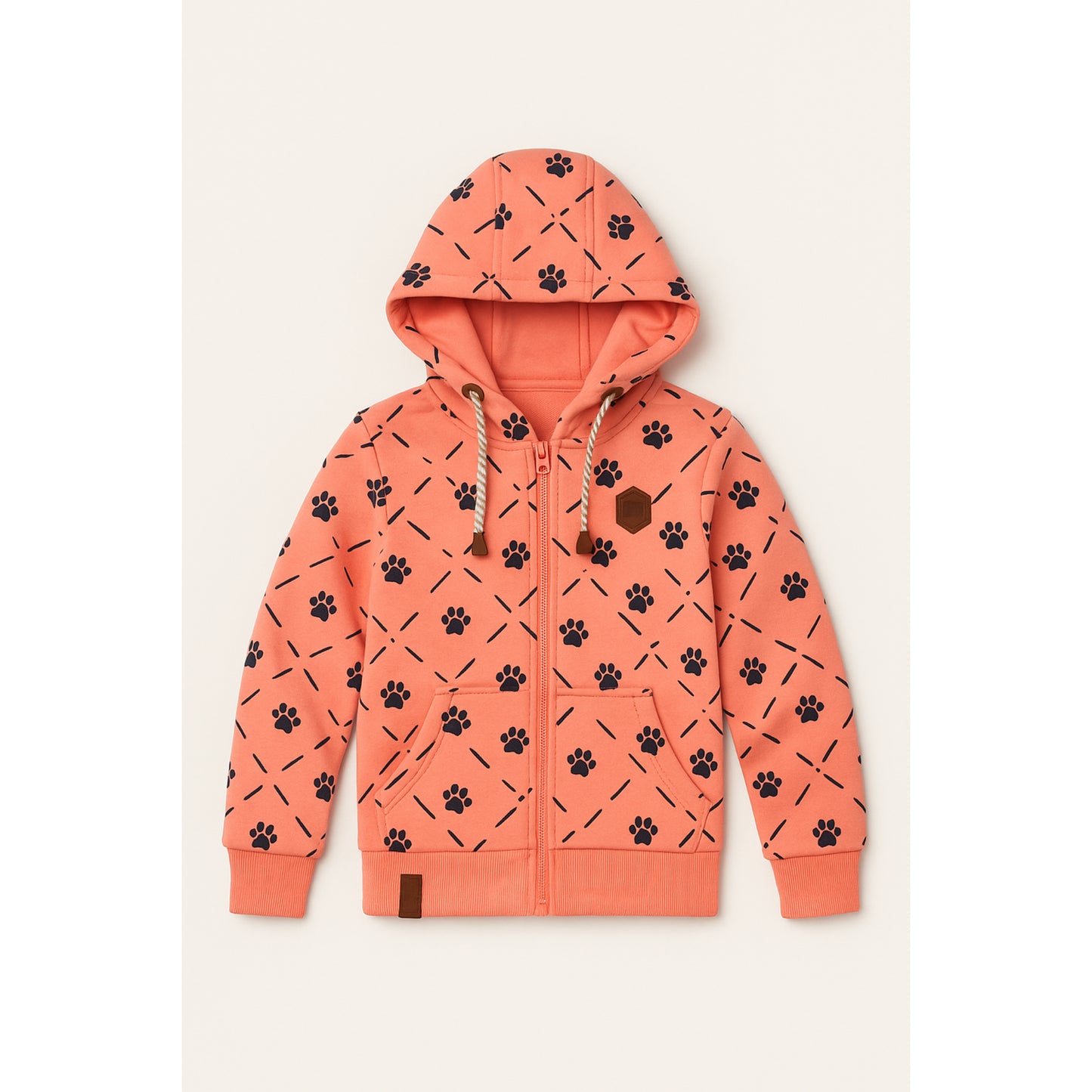 Meisjes hoodie coral roze met pootjes – comfortabele sweatjas met capuchon