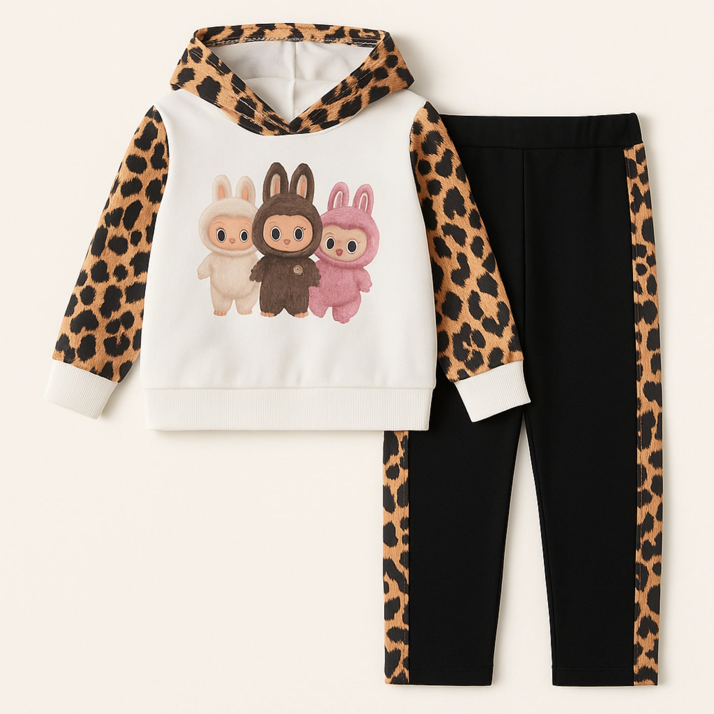 Meisjes trainingspak met konijnenprint – wit sweatshirt met luipaarddetails en zwarte broek