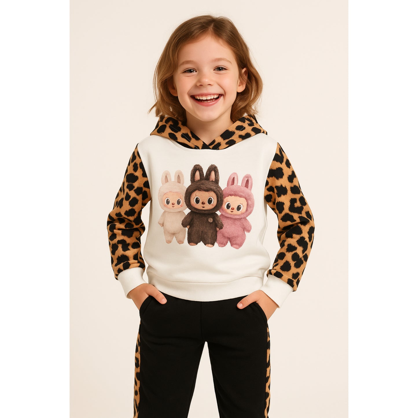 Meisjes trainingspak met konijnenprint – wit sweatshirt met luipaarddetails en zwarte broek