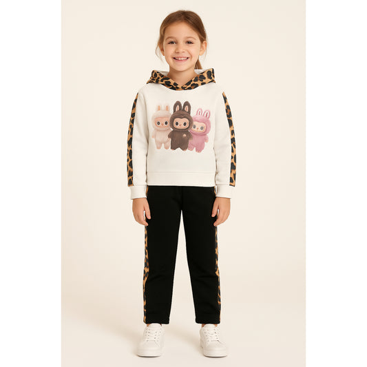 Meisjes trainingspak met konijnenprint – wit sweatshirt met luipaarddetails en zwarte broek