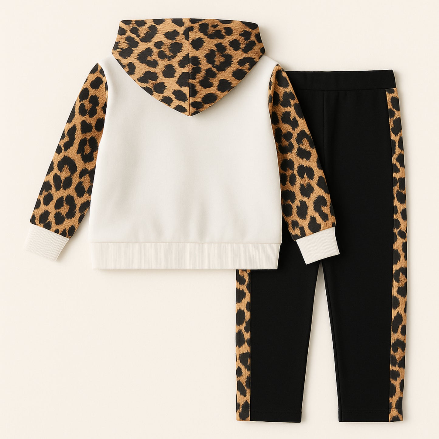 Meisjes trainingspak met konijnenprint – wit sweatshirt met luipaarddetails en zwarte broek